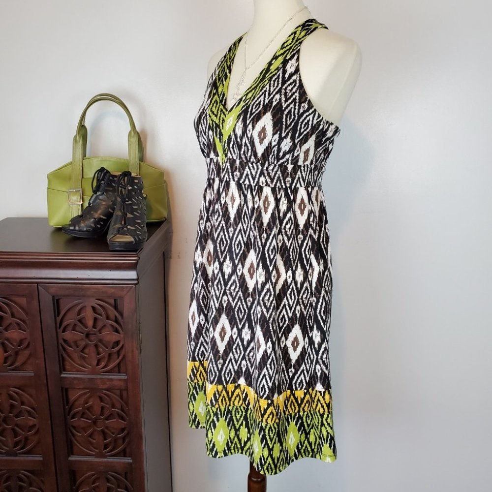 INC International Green Brown Black Sleeveless V-Neck Halter Dress Size M - Picture 3 of 8